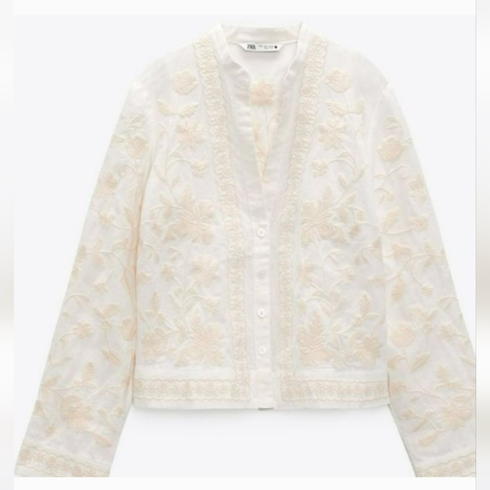 Zara EMBROIDERED COTTON OVERSHIRT Size L NWOT
